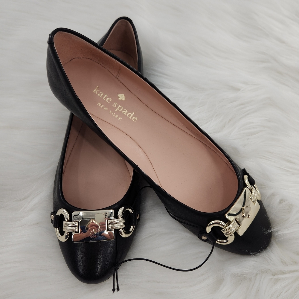 Kate Spade Black Genuine Leather Gold Tone Logo Ballet Flats Size 7.5 B